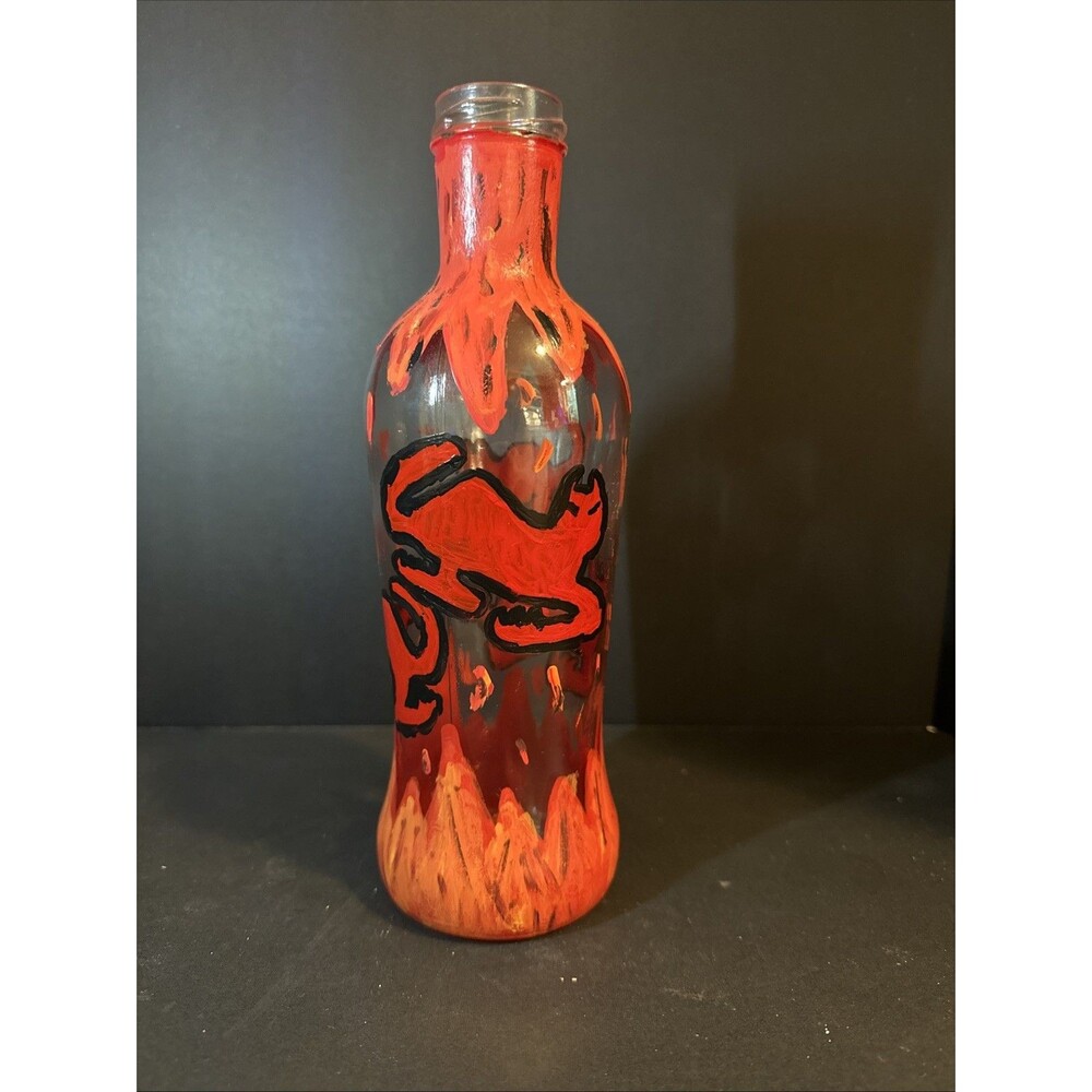 Hand Painted Glass Bottle Vase Hell Fire Hounds Cats Devils Original Artwork‎